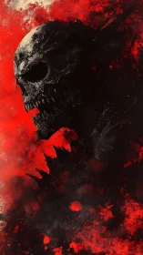 Demonic skull silhouette emerges from chaotic red darkness