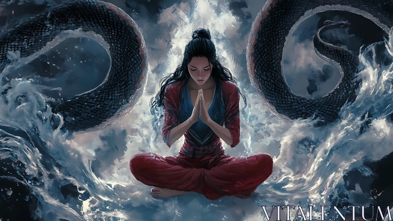 Serpent tide guardian in stormlit meditation circle.