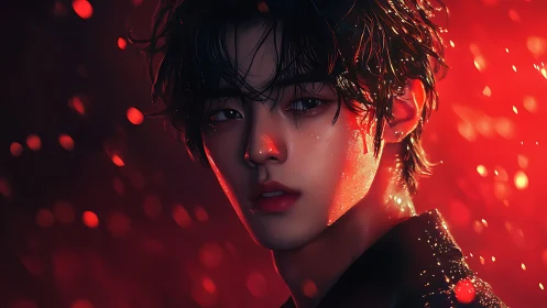 Cinematic red backlit portrait of wet-haired young man