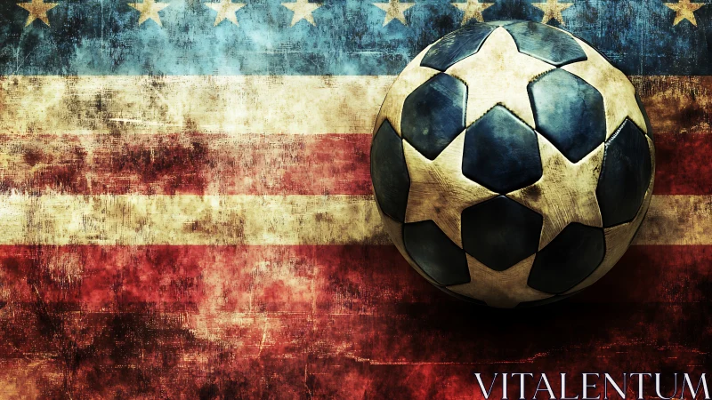 Weathered soccer ball over distressed USA flag background.