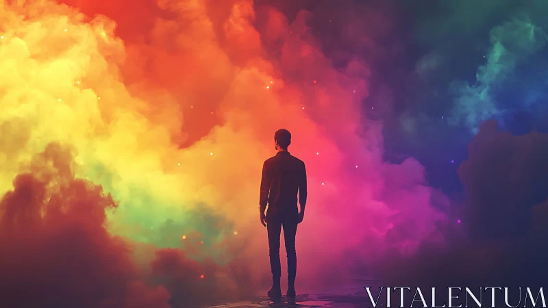 Silhouette walks into radiant multicolor nebula horizon.