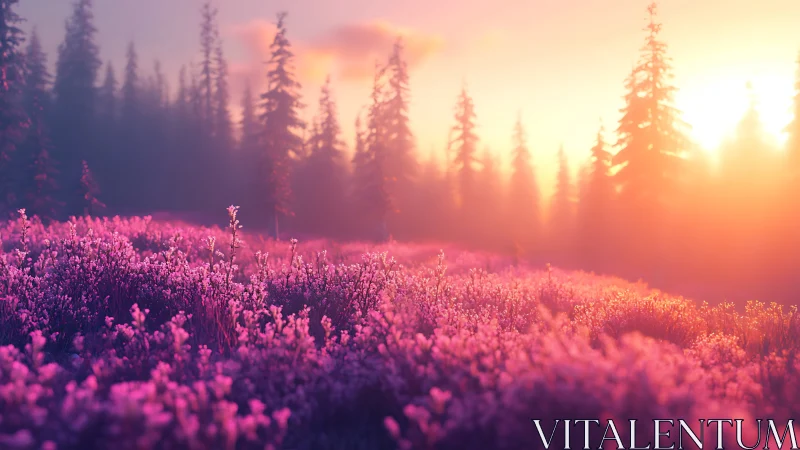 Golden Hour Blooms Over Misty Pine Forest