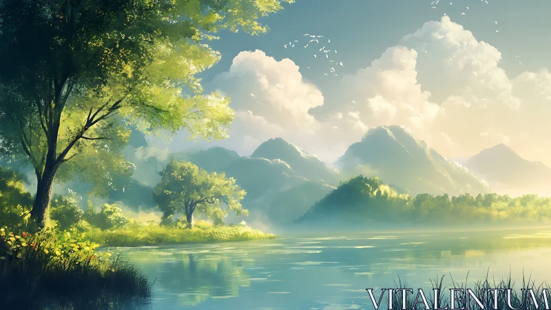 Sunlit lake with distant mountains and soft morning mist.