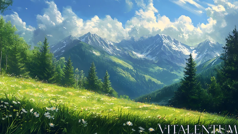 Snow-capped mountains rise beyond sunlit alpine meadow