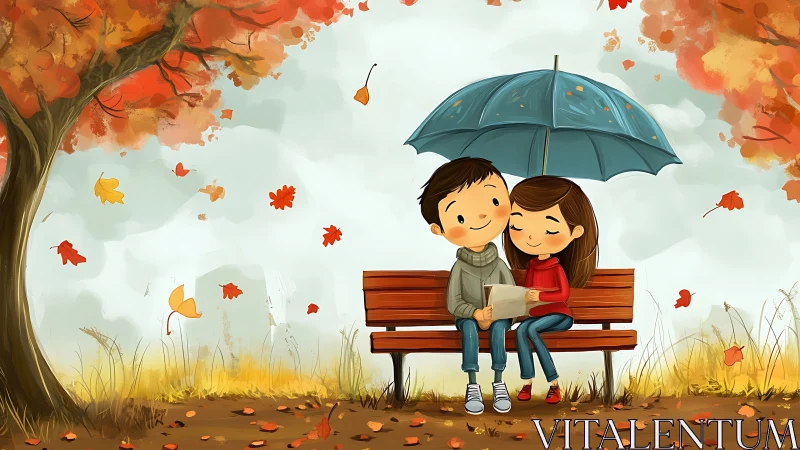 Autumn Romance: Couple Sheltered Under Umbrella on Park Bench.