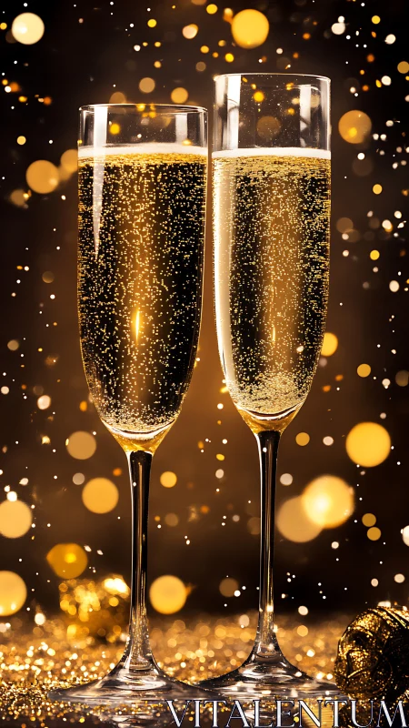 Champagne flutes glow amid golden festive bokeh lights.