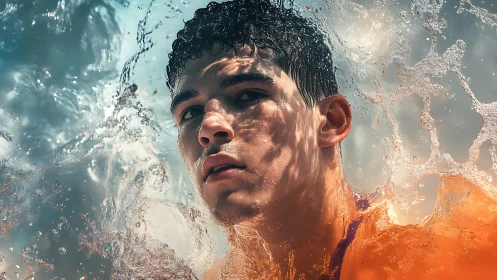 Young swimmer’s face framed by splashing water motion