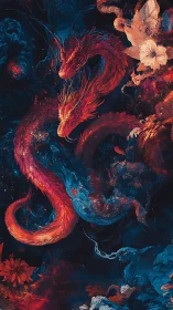 Bioluminescent twin dragons in nebular bloom with floral vortices