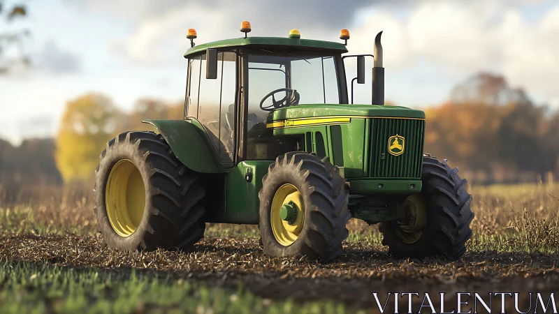 High-detail green farm tractor in harvested field at dusk