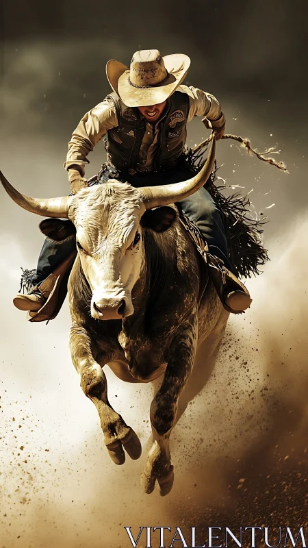 Bull rider hurtles through dust in high-intensity rodeo scene.