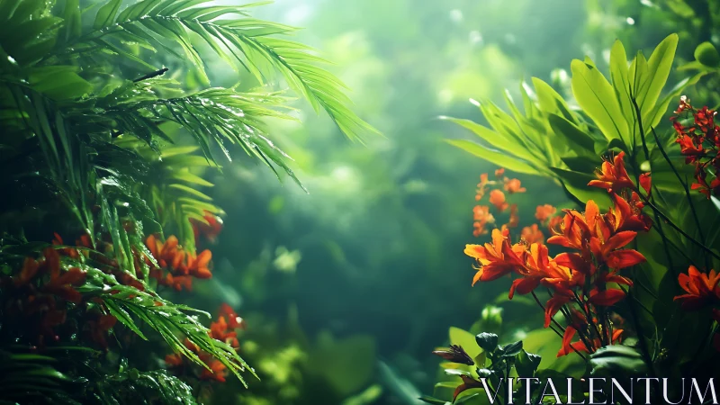 Lush green jungle foliage with vivid orange flowers in light.