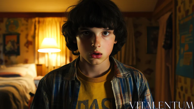 Teen boy in dim bedroom interior with warm backlight.