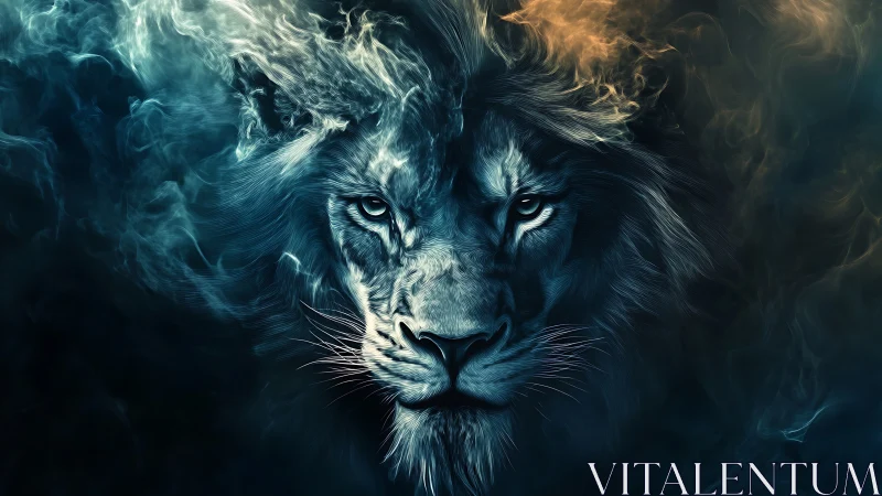 Stylized lion portrait with dual toned smoke background.