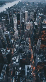 Dense night city skyline viewed from above in dusk light.