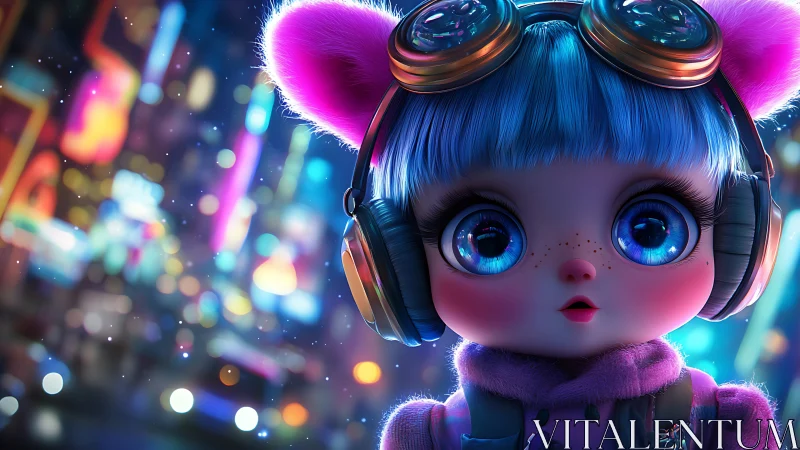 Neon city chibi girl with headphones and glossy blue hair