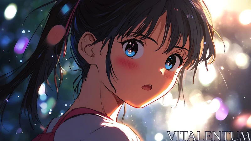 Anime girl with surprised expression in glowing bokeh light.
