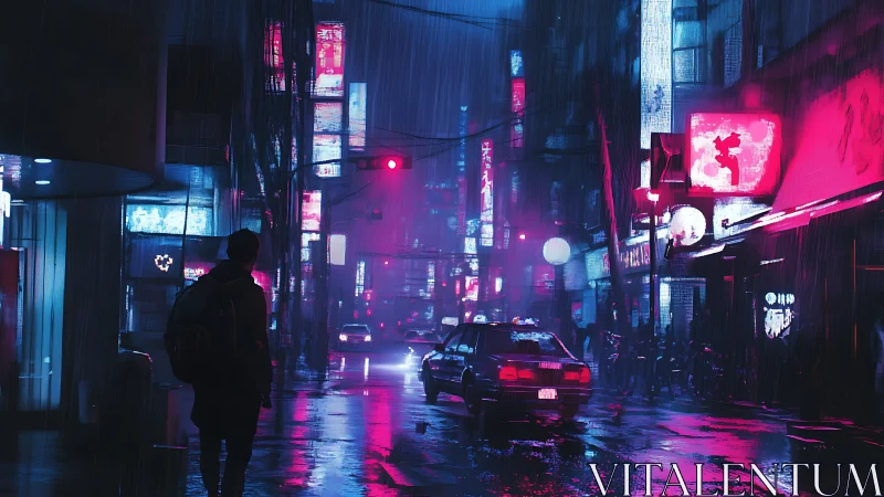 Neon rainstorm drapes a lonely cyberpunk city wanderer.