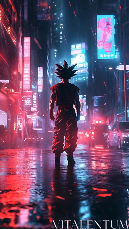 Neon warrior strides through rainlit cyber city dreamscape.