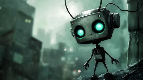 Small glowing-eyed robot explores misty futuristic alley