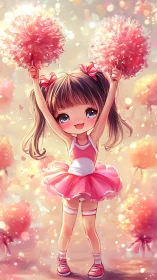 Cheerleader girl holds pink pom poms in bright anime style