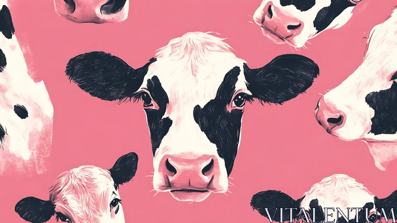 Holstein cow portraits on pink minimalist vector field.