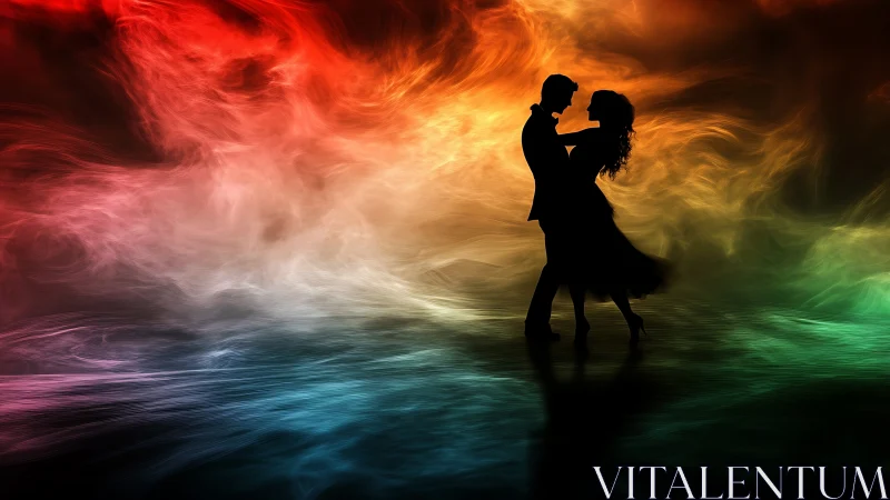 Silhouetted couple embracing amid swirling rainbow light