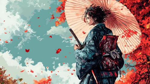Samurai in blue kimono under parasol amid autumn foliage