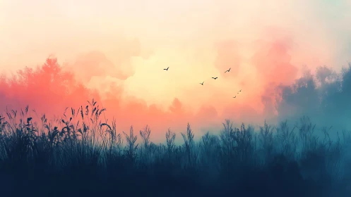 Pastel sunrise glows through misty reeds and distant trees