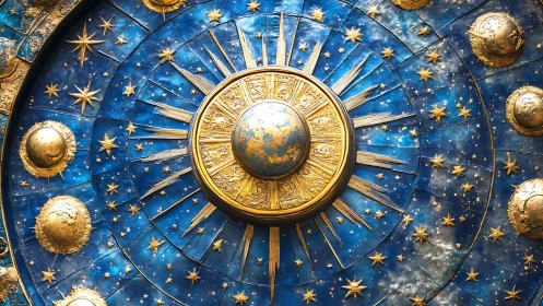 Celestial blue and gold zodiac dial radiates ornate starlight.