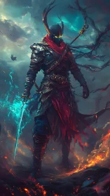 Armored figure with energy blade in storm-lit wasteland.