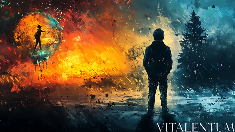 Dual world contrast with lone figures in vivid colors.