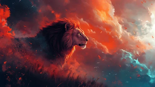 Spectral lion profile in bifurcated nebular skyscape.