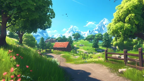 Sunlit mountain valley path with rustic farm cottages.