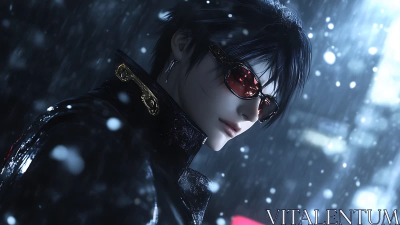 Cool anime character in red glasses in neon snow scene.