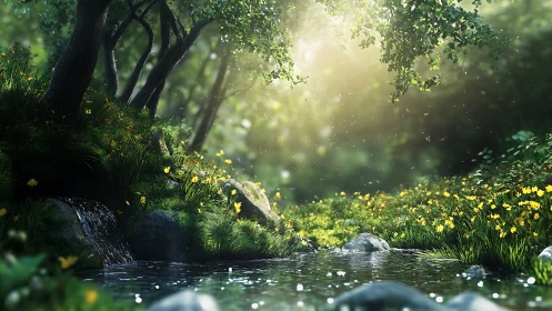 Luminous forest creek with cascading spring light rays.