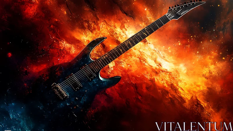 Electric guitar igniting nebula sky in vivid cosmic blaze.
