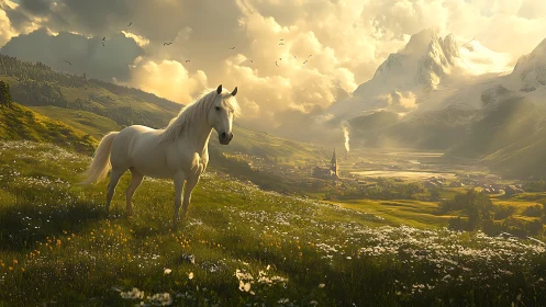 White horse in alpine valley landscape under warm light.
