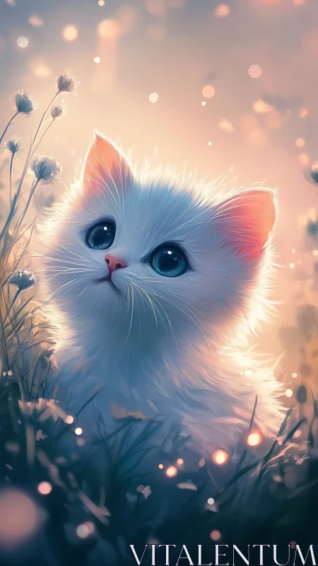Fluffy white kitten in dreamy meadow light at dusk.