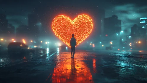Radiant Solitude: Figure Gazing at Glowing Heart in Rainy Metropolis.