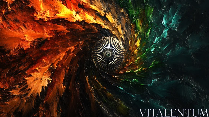 Fiery and emerald vortex spins around a metallic cosmic core