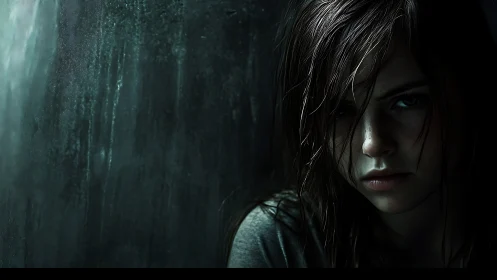 Storm-soaked girl leans in shadow, holding quiet resilience