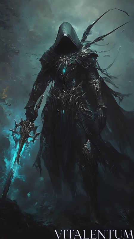 Hooded armored figure holds glowing edged weapon in mist