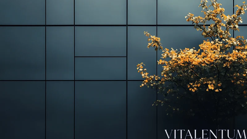 Golden autumn tree contrasts with dark modern facade.