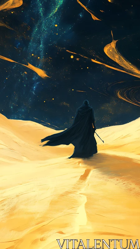 Desert wanderer crosses dunes under swirling cosmic sky.