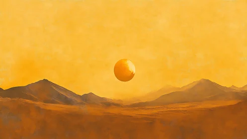 Spherical celestial body hangs over layered orange terrain