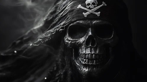 High-contrast pirate skull portrait with specular metallic texture