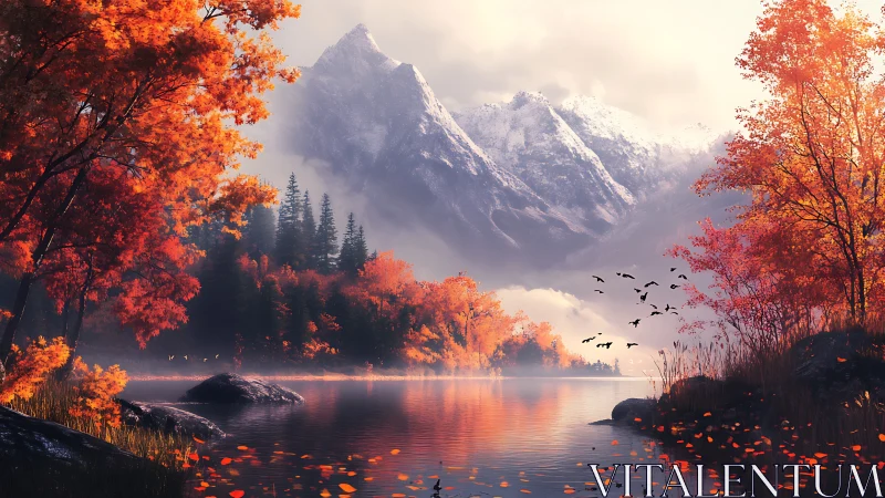 Mountain lake with autumn forest and distant bird flock.