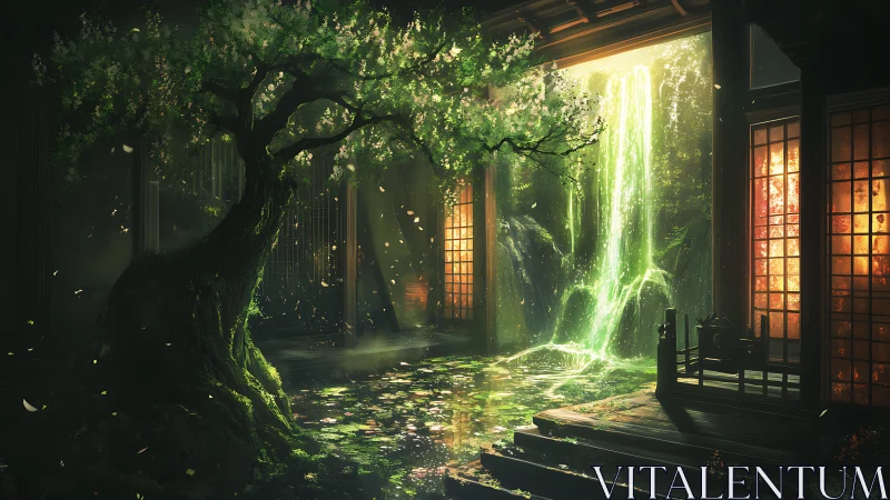 Moonlit koi of light pour through a temple&rsquo;s hidden veil