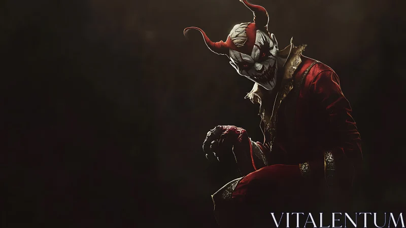 Haunting horned jester leans from darkness in crimson silk