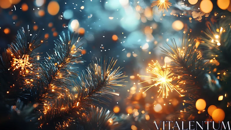 Glowing winter pine branches sparkle with soft festive lights